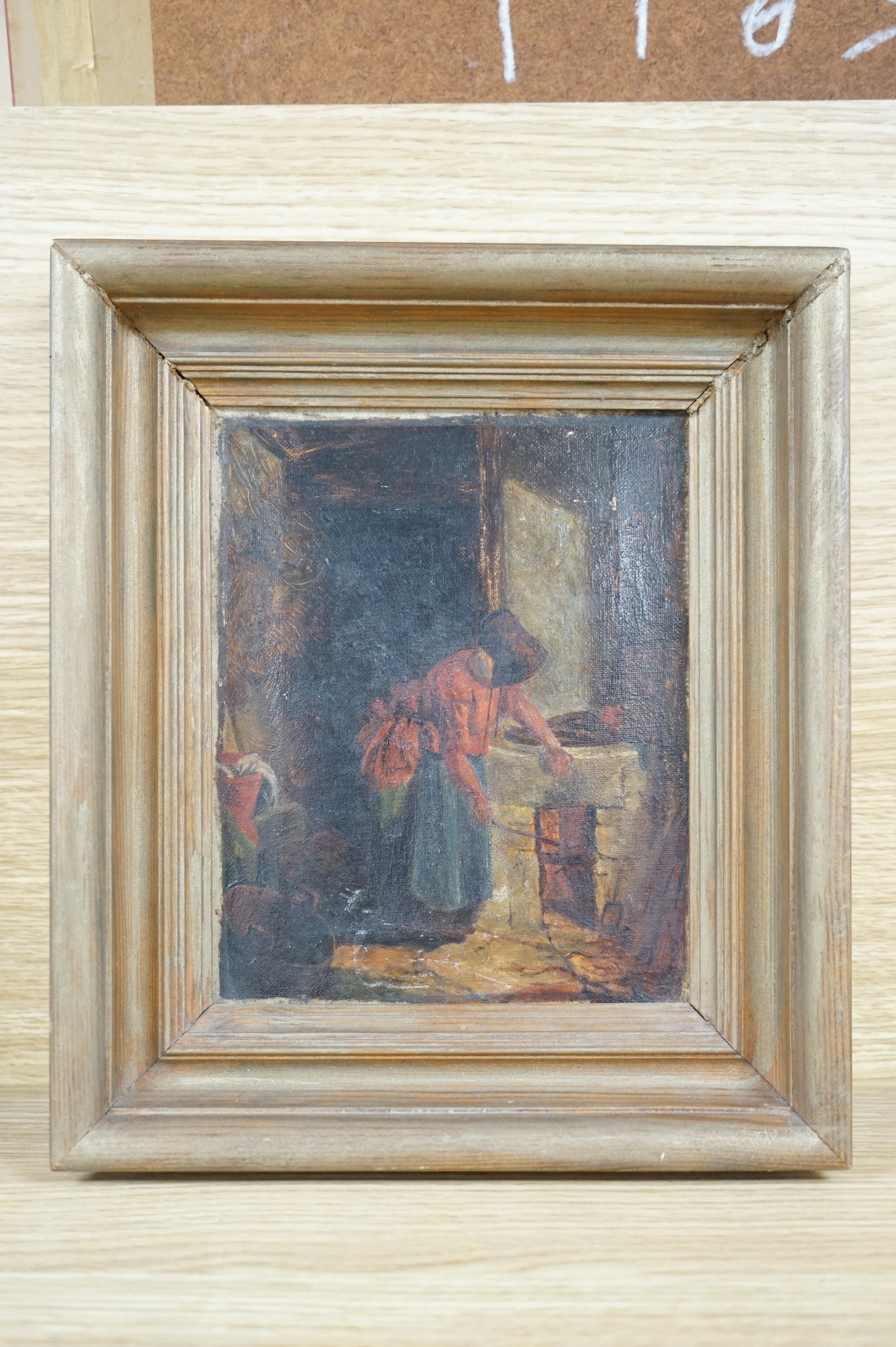After David Hardy (fl.1855-1870), oil on canvas, Cottage interior, unsigned, inscribed in ink verso, 19 x 15cm. Condition - good